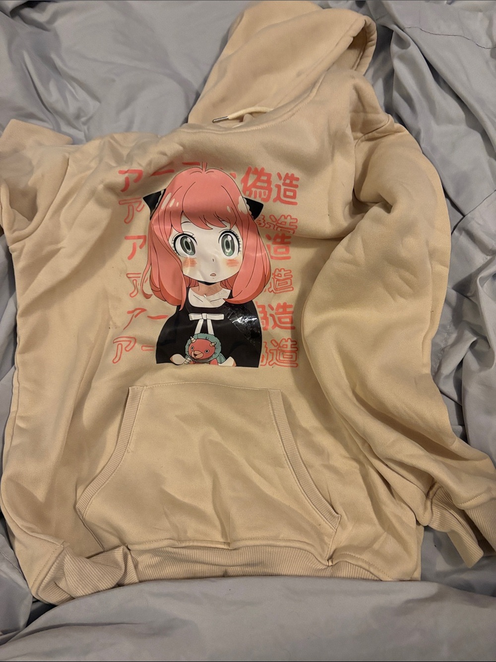 Beige Anime Graphic Hoodie with Pink Character Print - Women's Pullover Fleece